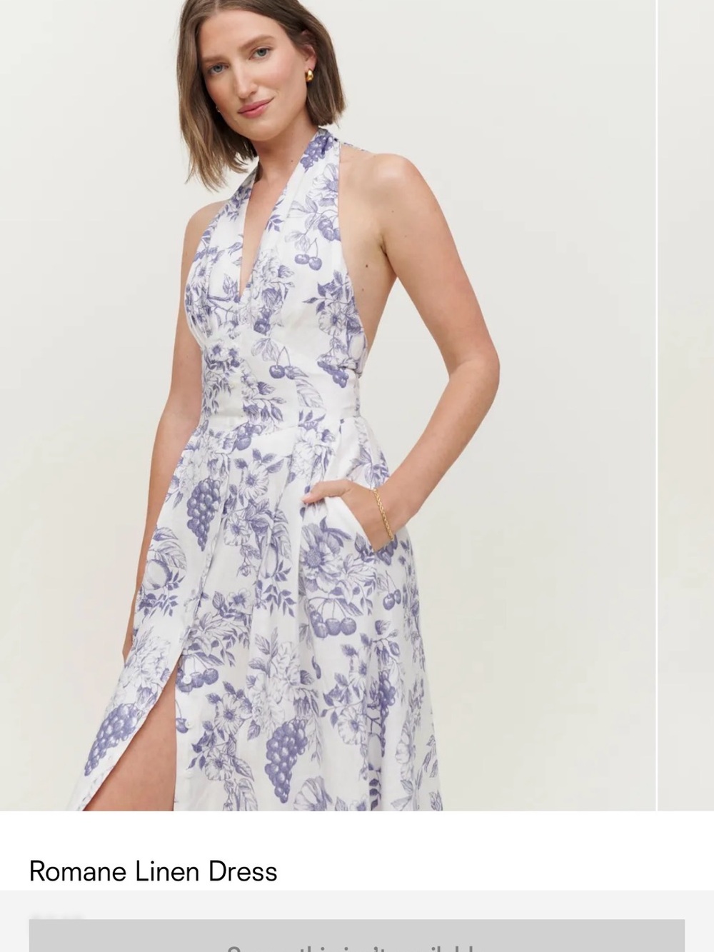 Reformation Romane Linen Halter Midi Dress — White with Blue Floral